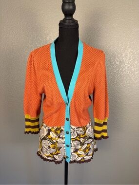 Anthropologie Women’s Orange Cardigan with Turquoise Trim and Floral Hem
